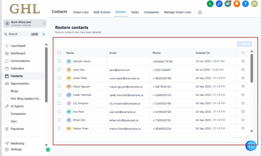 GHL trash recovery access
 - Search or Scroll for the Item