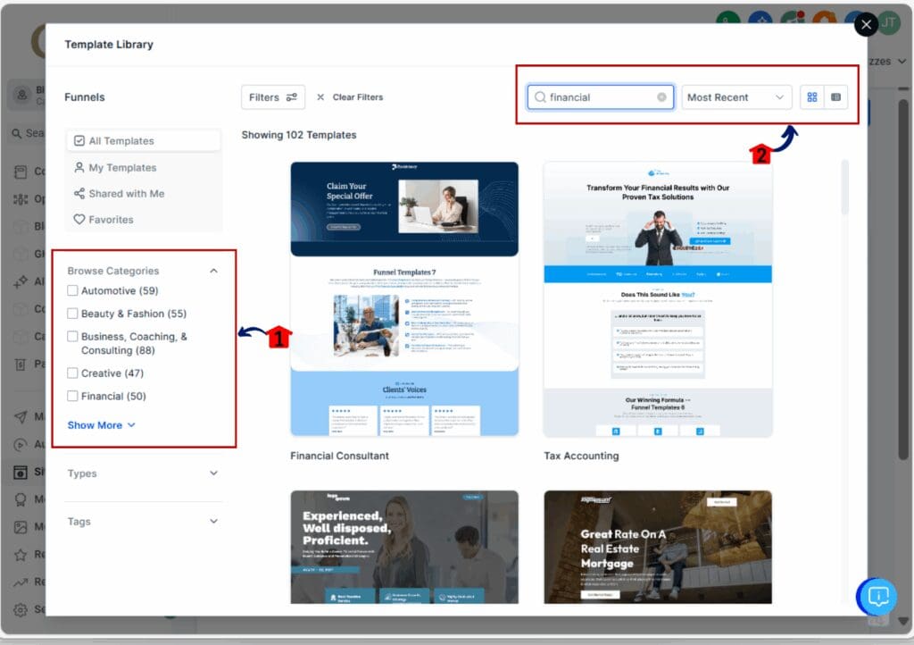 prebuilt templates - search