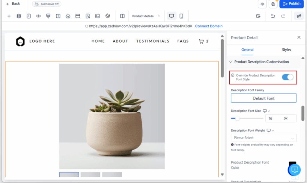 GoHighLevel Product Description Styling
 - Toggle On the Font Style Override