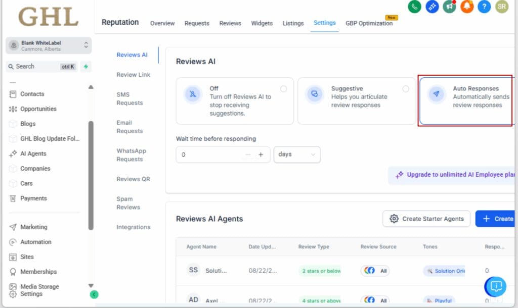 GHL AI review management
- Toggle AI Review Responses On or Off