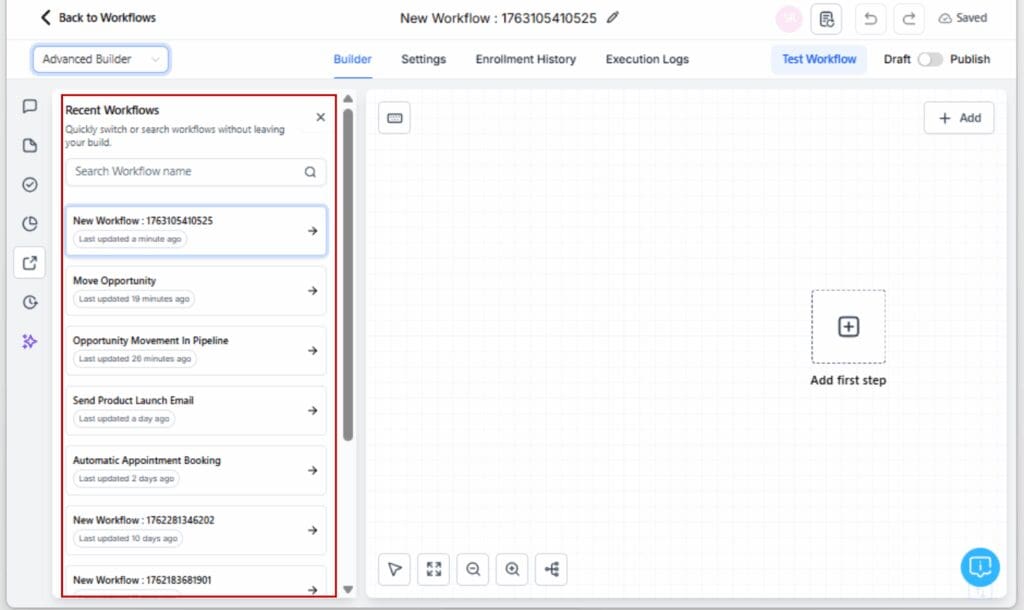 GHL workflow management tool
 - Search or Browse for a Workflow